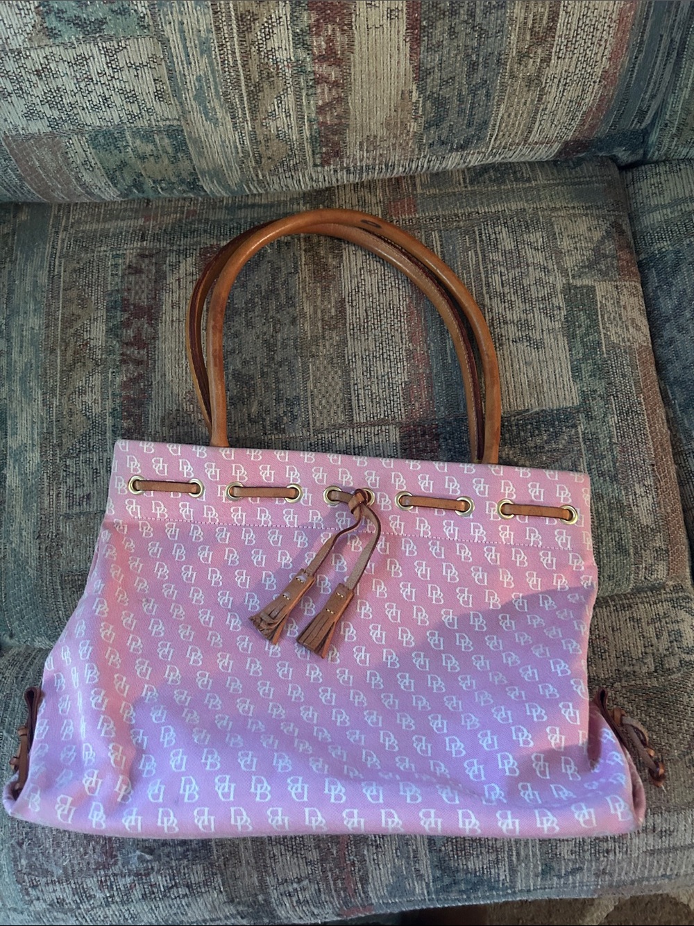 Dooney & Bourke Pink Logo Tote with Tan Leather Handles